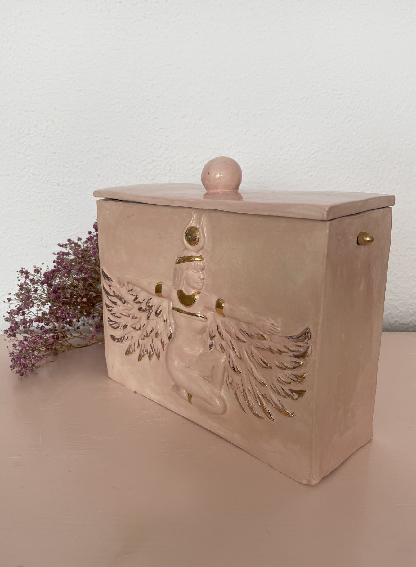 Unique rosé ceramic art urn with Isis relief , big size.